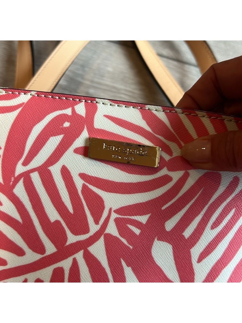 Kate Spade grant street Palm Pink Palm Leaf Print large leather Tote bag - Picture 4 of 10